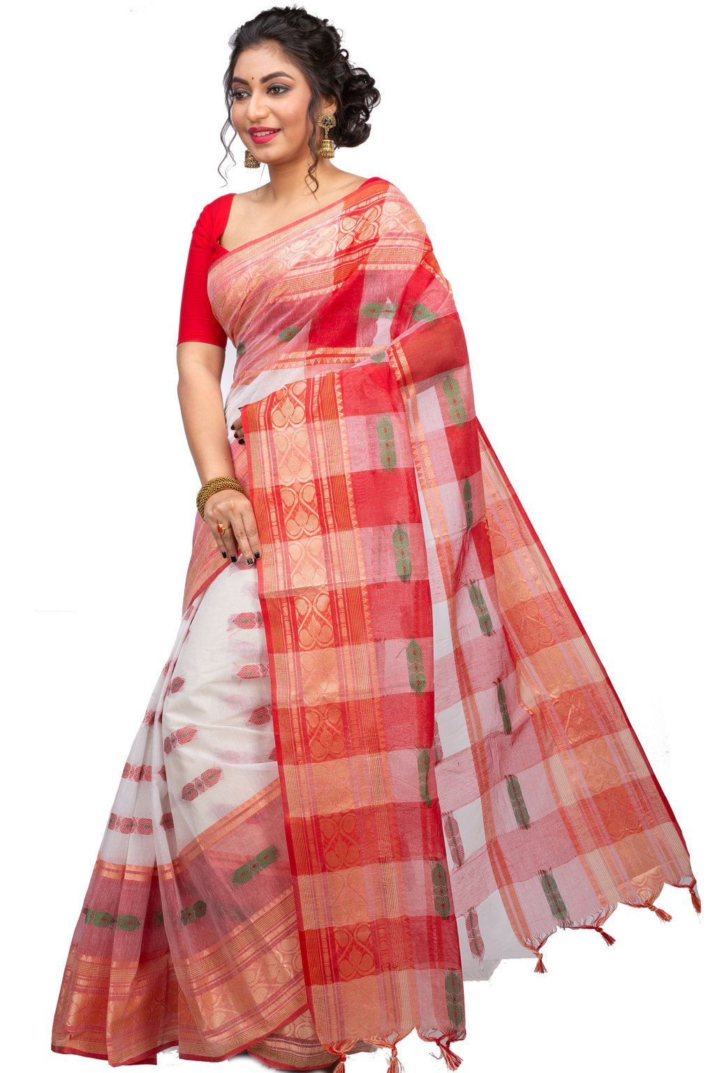 White Red Pure Cotton Raj Nandi Desigine Tant Saree (2807)